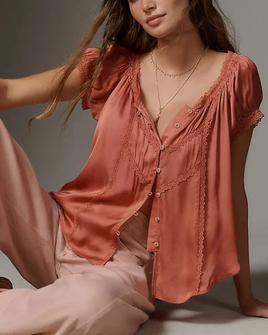 Anthropologie Amber Short-sleeve Silky Women Top - Dried Coral