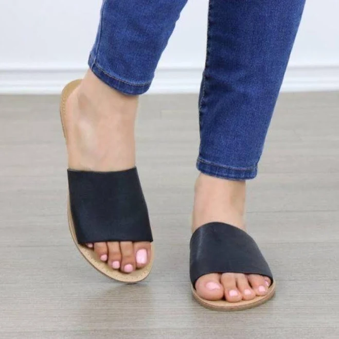 Slide Sandals Open Toe Slip-on Flat Casual Wide Strap Black Faux