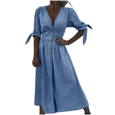 Women's Casual Denim Button Front Maxi Shirt Dress