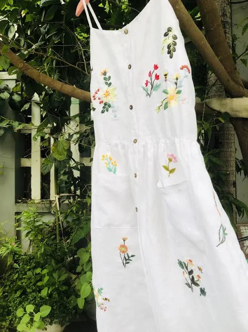 Hand Embroidered Linen Dress with Flower and Bee