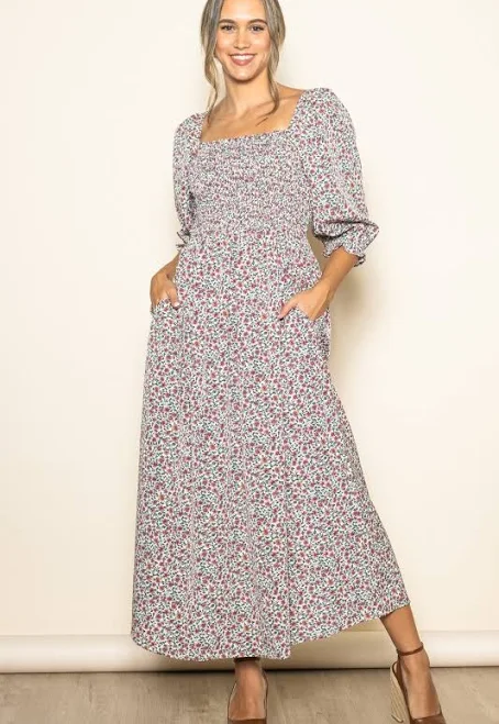 Cream Floral Print Smocked Bodice Maxi Dress