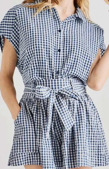 Splendid Women's Navy Gingham Belted Collared Romper Short Sleeve Size
