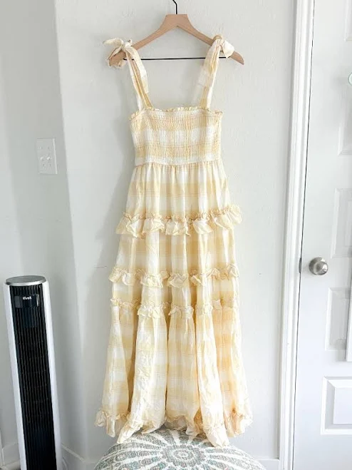 Storia Gingham Smocked Tiered Ruffle Maxi Dress