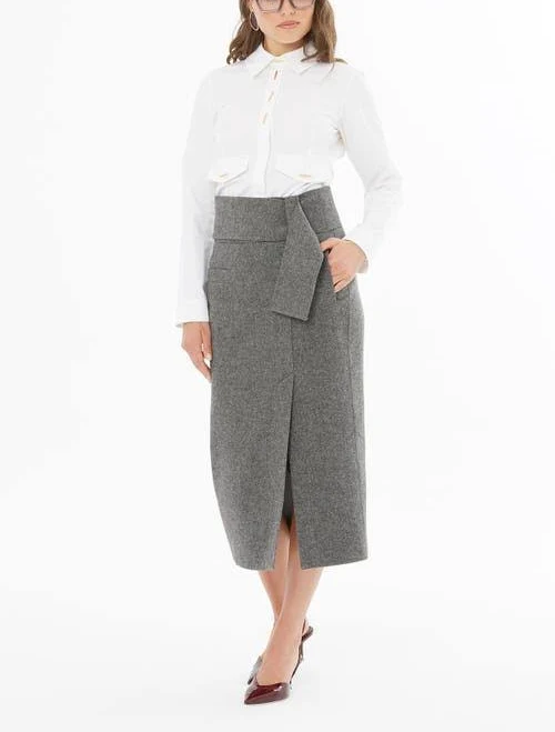 Gizia Wool-Blend Pencil Midi Skirt with Slit & Belt