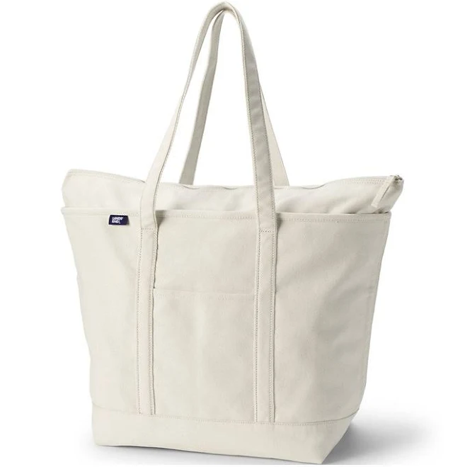 Lands' End Extra Large 5 Pocket Zip Top Long Handle Canvas Tote Bag