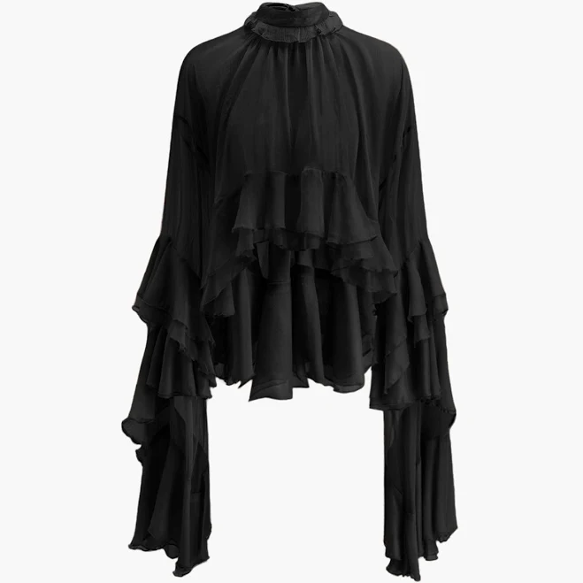 Elegant Long Sleeve Sheer Ruffle Chiffon Blouse