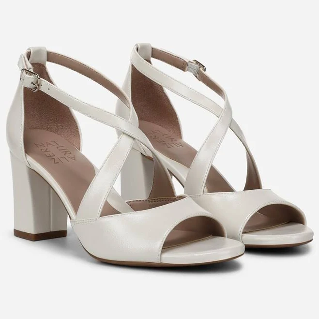 Naturalizer Hollis Strappy Sandals, Warm White Faux Leather, 6.0 Wide | Open Toe, Block Heels