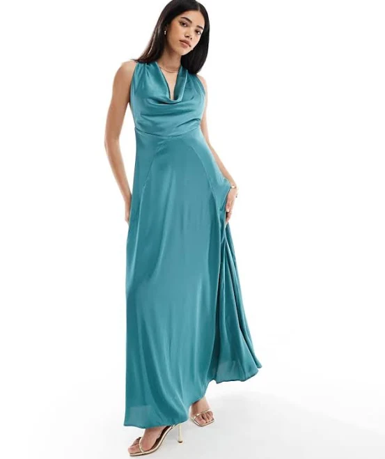 TFNC cowl neck satin maxi dress with open back in teal-Blue