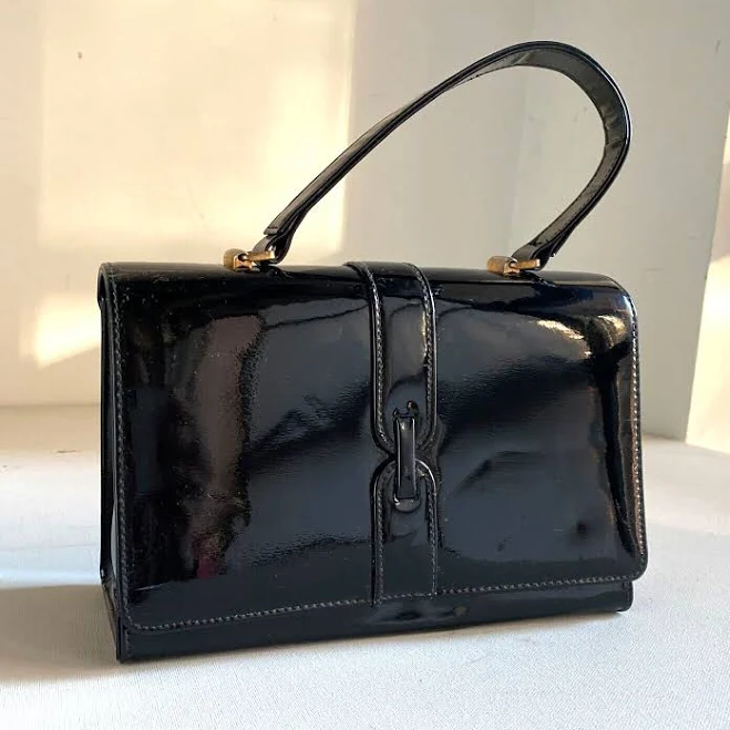 Vintage Black Paten Leather Small Box Structured Top Handle Bag