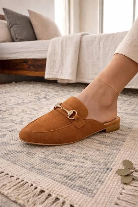 Suede Pointed Toe Slip-On Mules with Gold Buckle