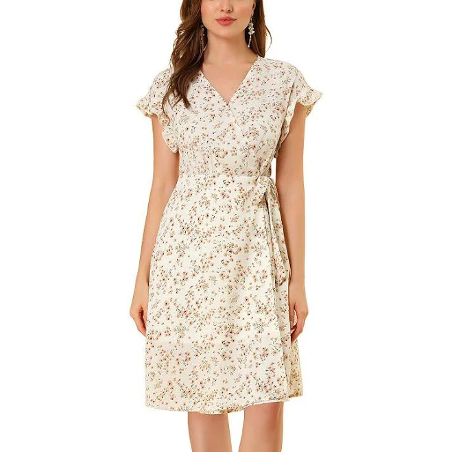 Women's Floral V Neck Ruffled Flutter Sleeve Belt Wrap Midi Dress, Size: Small, Beige Apricot Floral