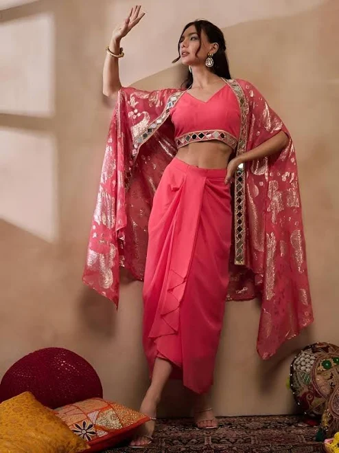 Coral Pink Crop Top With Drape Skirt and Shrug Set