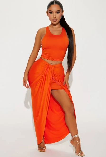 Sleeveless Cropped Tank Top Maxi Skirt Set in Orange, Size S | Fashion Nova