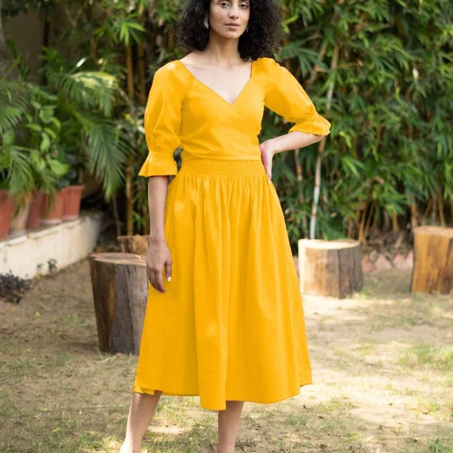 Golden Yellow Cotton Poplin V-Neck Gathered Midi Wrap Dress