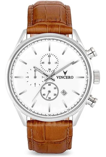 Vincero The Chrono S Chronograph Leather Strap Watch, 43mm in Silver Tan at Nordstrom