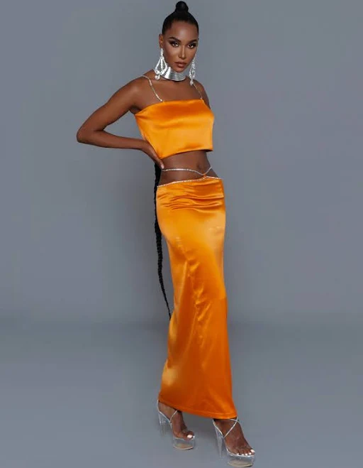 Glamxlove Satin Crystal Chainlink Top and Skirt Set