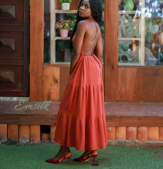 Rust Orange Backless Linen Apron Dress