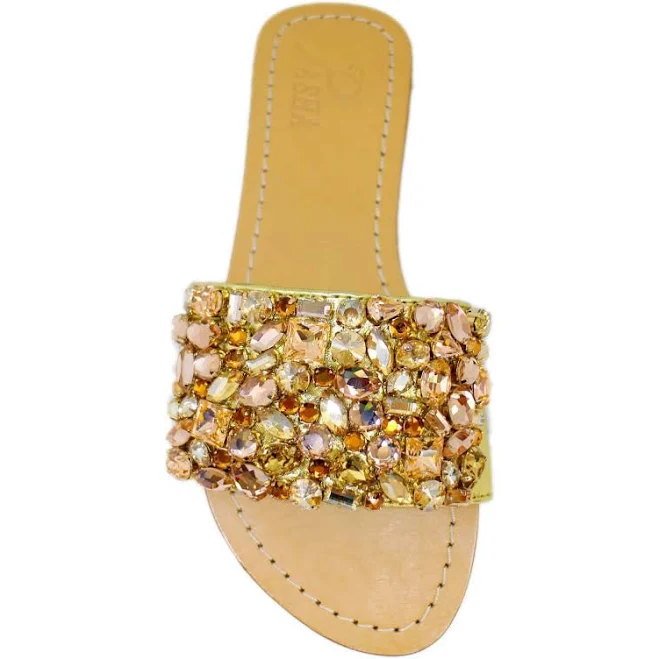 Gold Jeweled Leather Sandal Slides | Pasha EU 35 (USA 4-4.5) / Golden Shadow - Gold / PSF16220111