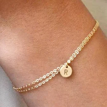 Zola 14K Solid Gold Dainty Chain Bracelet with Tiny Initial Disk