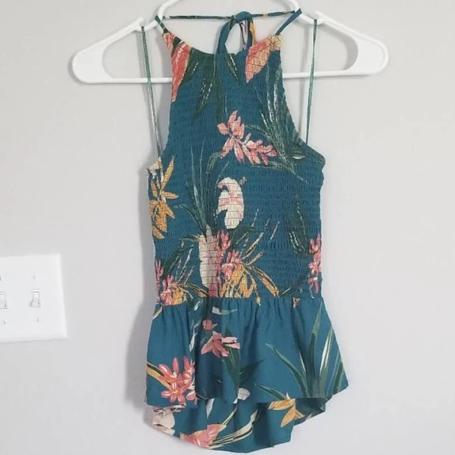 Patrons of Peace Teal Tropical Floral Smocked Halter Top Size Extra Small - Women | Color: Teal/Yellow/Pink | Size: XS