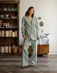 Sage Green Linen Suit: Women's Palazzo Pants & Jacket Set