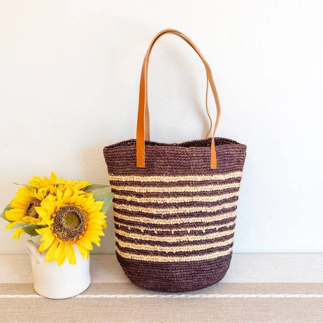 Elena Women's Raffia Woven Straw Tote with Genuine Leather Straps