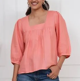Washed Rose Square Neck Linen Tunic with Puff Sleeves