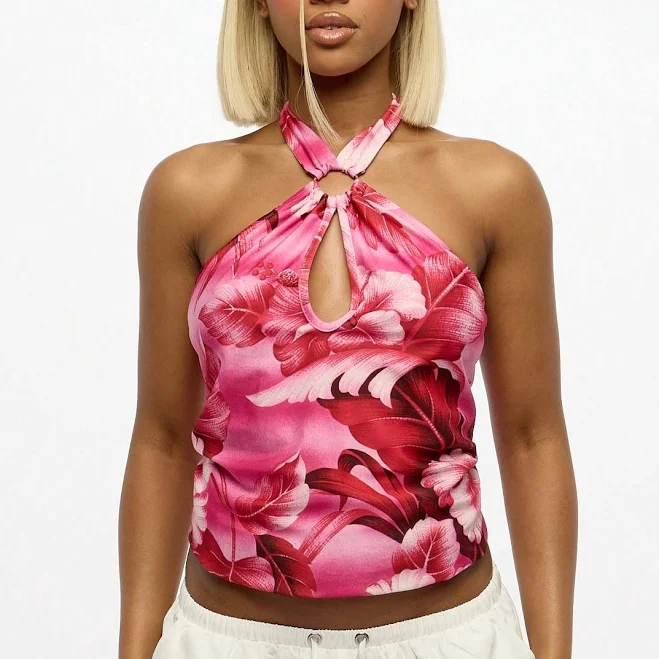 Tropical Floral Halter Cross-Front Crop Top