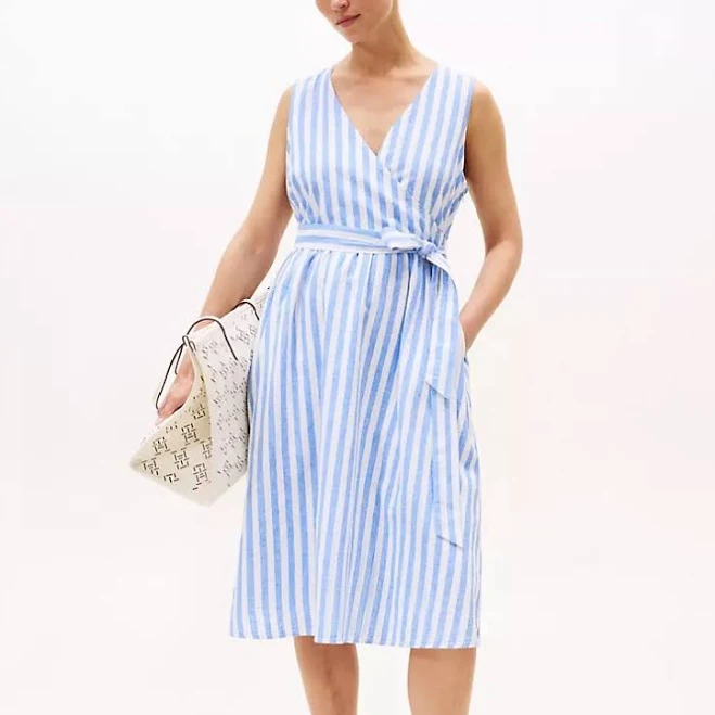 Tommy Hilfiger Women's Sleeveless Stripe Wrap Midi Shirtdress