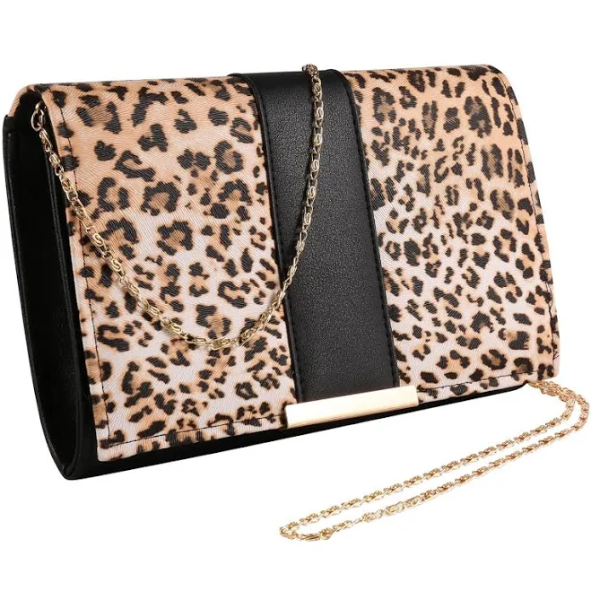 Women's Leopard Print PU Leather Clutch Purse with Chain Strap