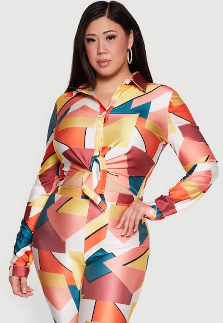 Women's Plus Size Tie Front Cropped Abstract Print Shirt