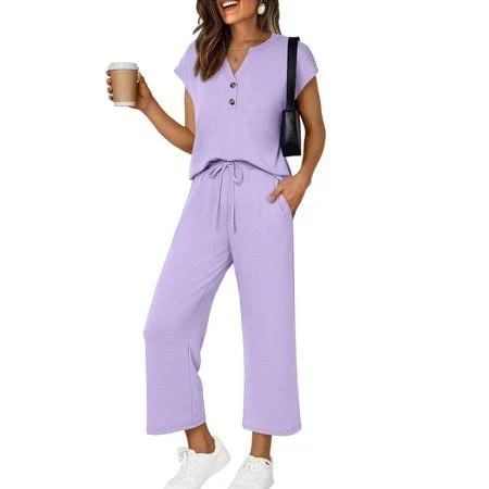 Women's 2 Piece Sets Summer Casual Short Sleeve Tops Wide Leg Pants Matching Lounge Set Vacation Travel Outfits Light Purple S, Size: Small