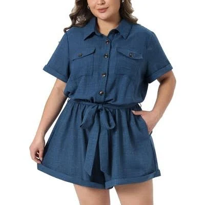 Women's Agnes Orinda Plus Size Lapel Collared Roll Short Sleeve Belted Button Down Casual Short Jumpsuits with Pockets