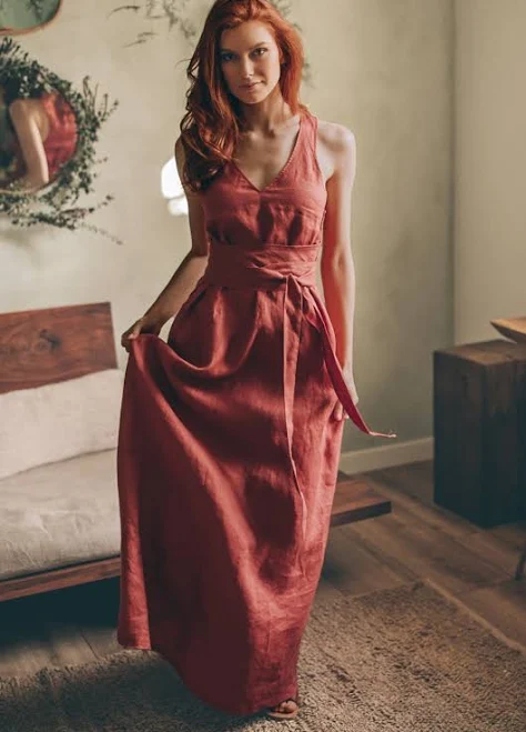 Obi Belt and Pocket Linen V-Neckline Maxi Dress