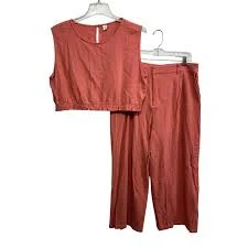 ANRABESS Two Piece Set Womens xXL Peach Coral Linen Blend Crop Top Pants Lounge