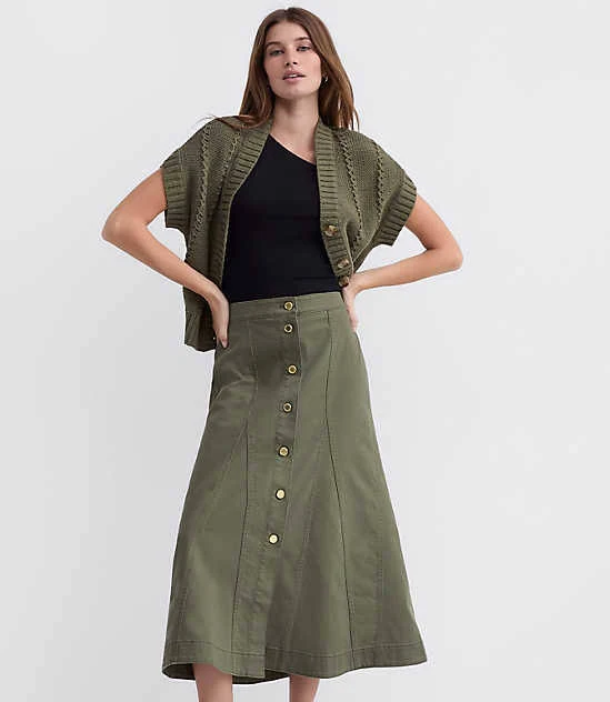 Loft Women's Twill Godet Button Midi Skirt