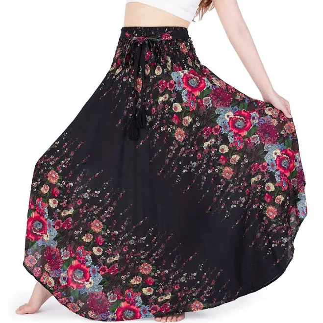Boho Hippie Floral Rayon Maxi Skirt with Smocked Waist