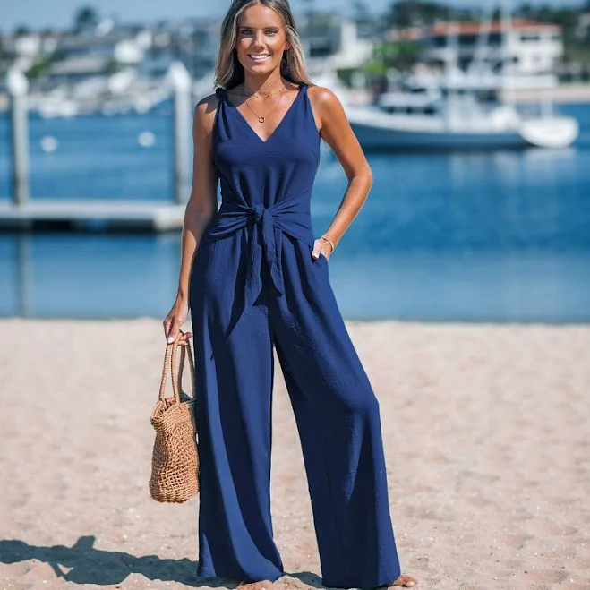 Cupshe Women's Sleeveless V-Neck Tie-Front Wide Leg Jumpsuit