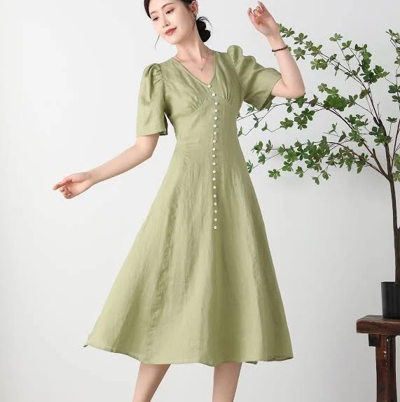 V-Neck Linen Midi Dress