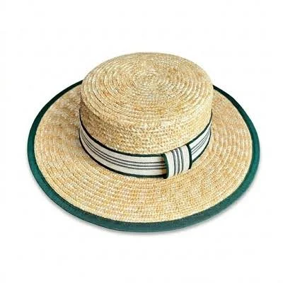 Anna-Kaci Women's Wide Brim Straw Boater Hat with Striped Band Trim