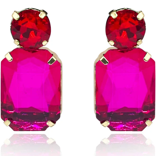 Adelle Fuschia Crystal Octagon and Ruby Round Stone Drop Earrings