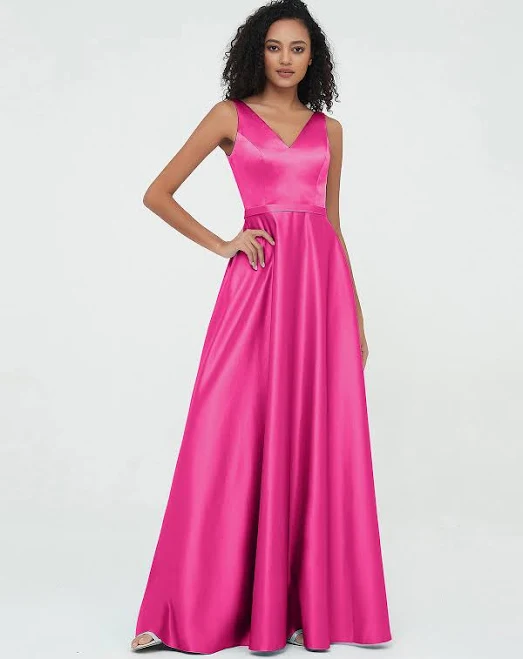 BABARONI Princess V-Neck Satin Max Dress with Pockets