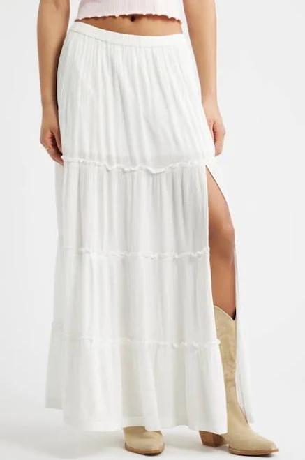 BP. Tiered Linen Blend Crinkled Gauze Maxi Skirt in Ivory at Nordstrom, Size X-Small