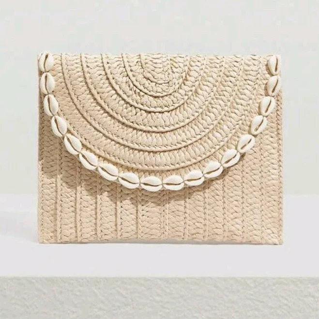 Straw Crochet Evening Clutch Bag with Magnetic Closure