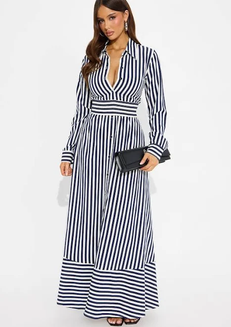 Fashion Nova Alison Striped Smocked Poplin Maxi Shirt Dress