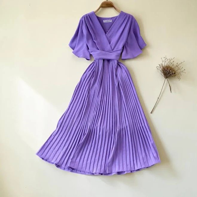 French Style Pleated Chiffon Midi Dress