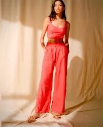 Abercrombie & Fitch Women's High-Waisted Coral Linen Wide Leg Pants Size M