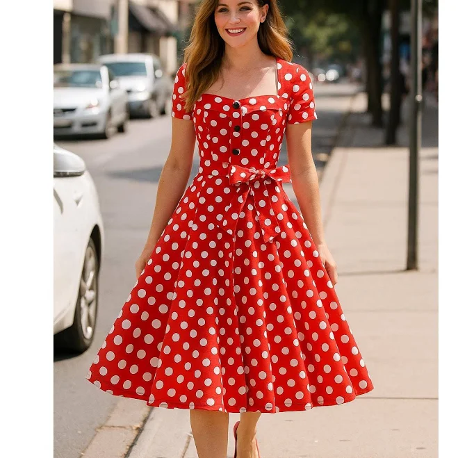Vintage Square Collar Polka Dot Midi Dress