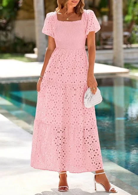 Prettygarden Women's Eyelet Square Neck Puff Sleeve Smocked Maxi Dress with Pocket