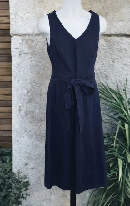 Boden Navy Linen Blend Wrap Dress Tie Waist Sleeveless Lined Long